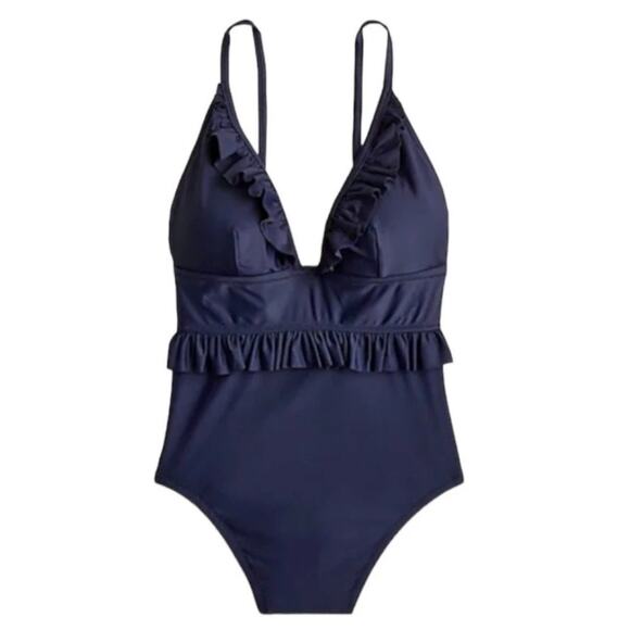 J. Crew Ruffle Deep-V One‎ Piece Swimsuit Size 4 Blue Padded Beach Preppy Pin Up - Picture 1 of 11